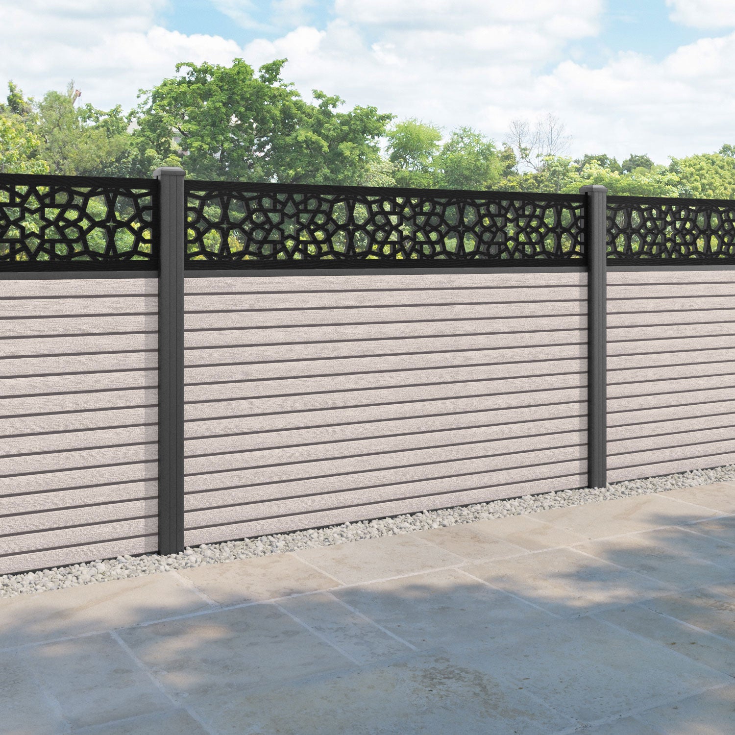 Hudson Nazira Fence Panel - Mid Stone - with our aluminium posts