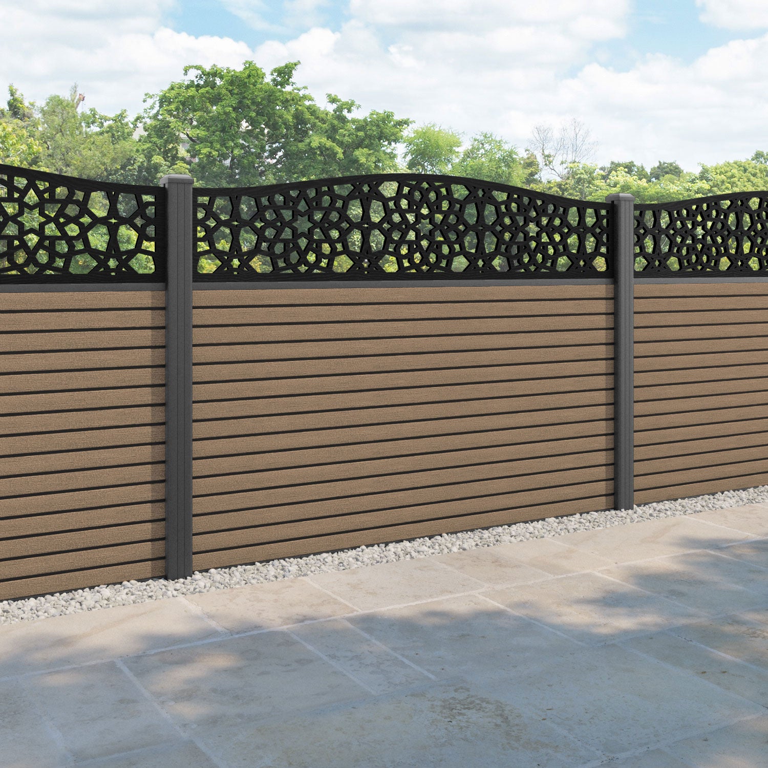 Hudson Nazira Curved Top Fence Panel - Teak - with our aluminium posts