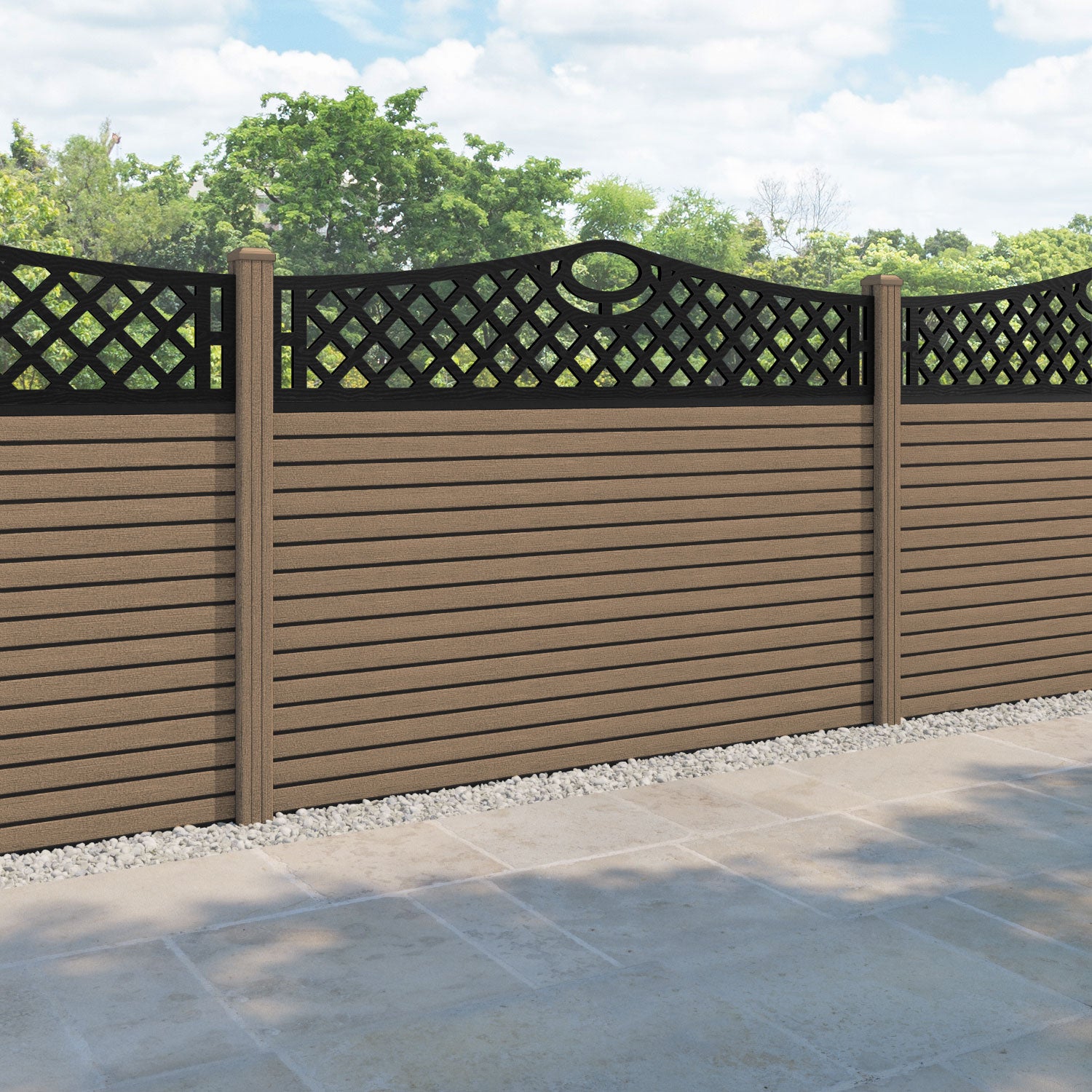 Hudson Oxford Curved Top Fence Panel - Teak - with our composite posts