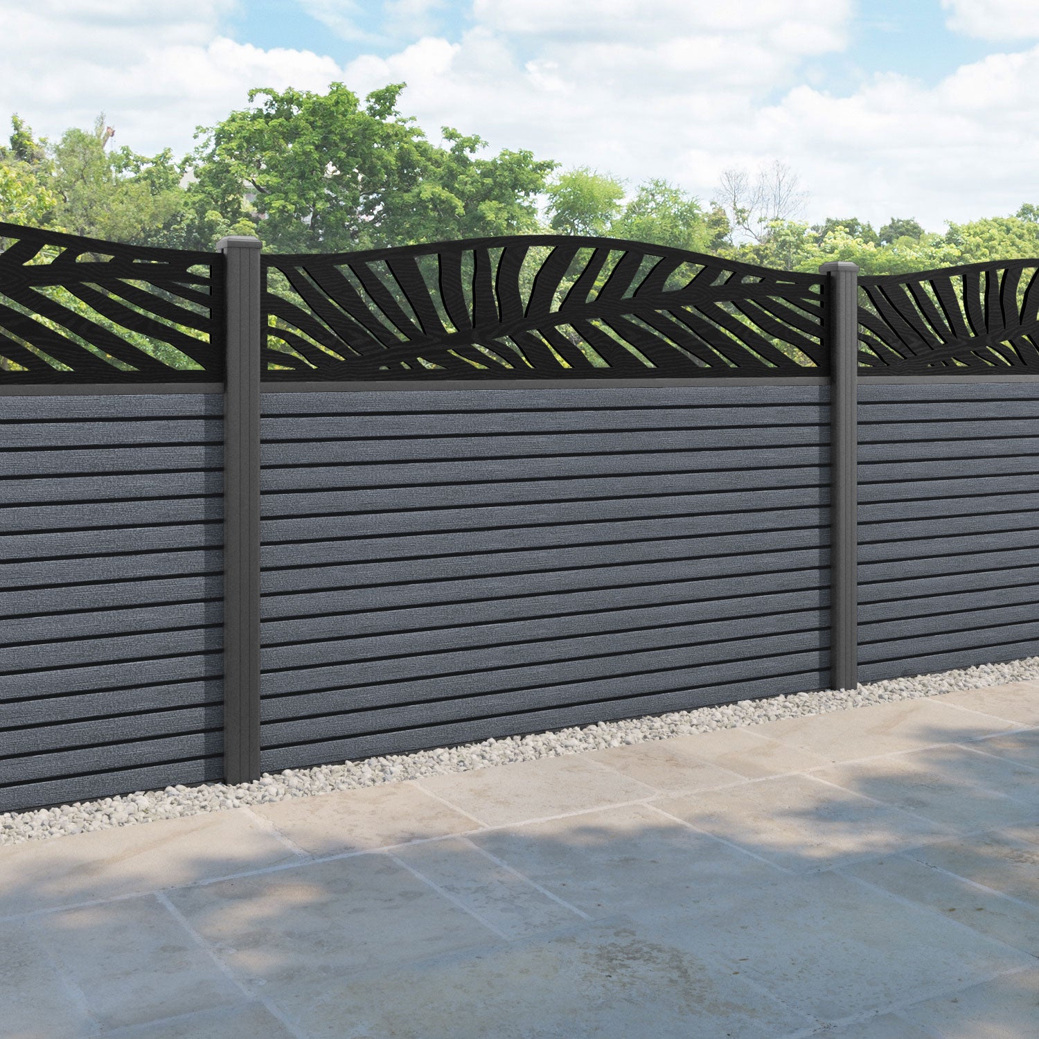 Hudson Palm Curved Top Fence Panel - Anthracite - with our aluminium posts