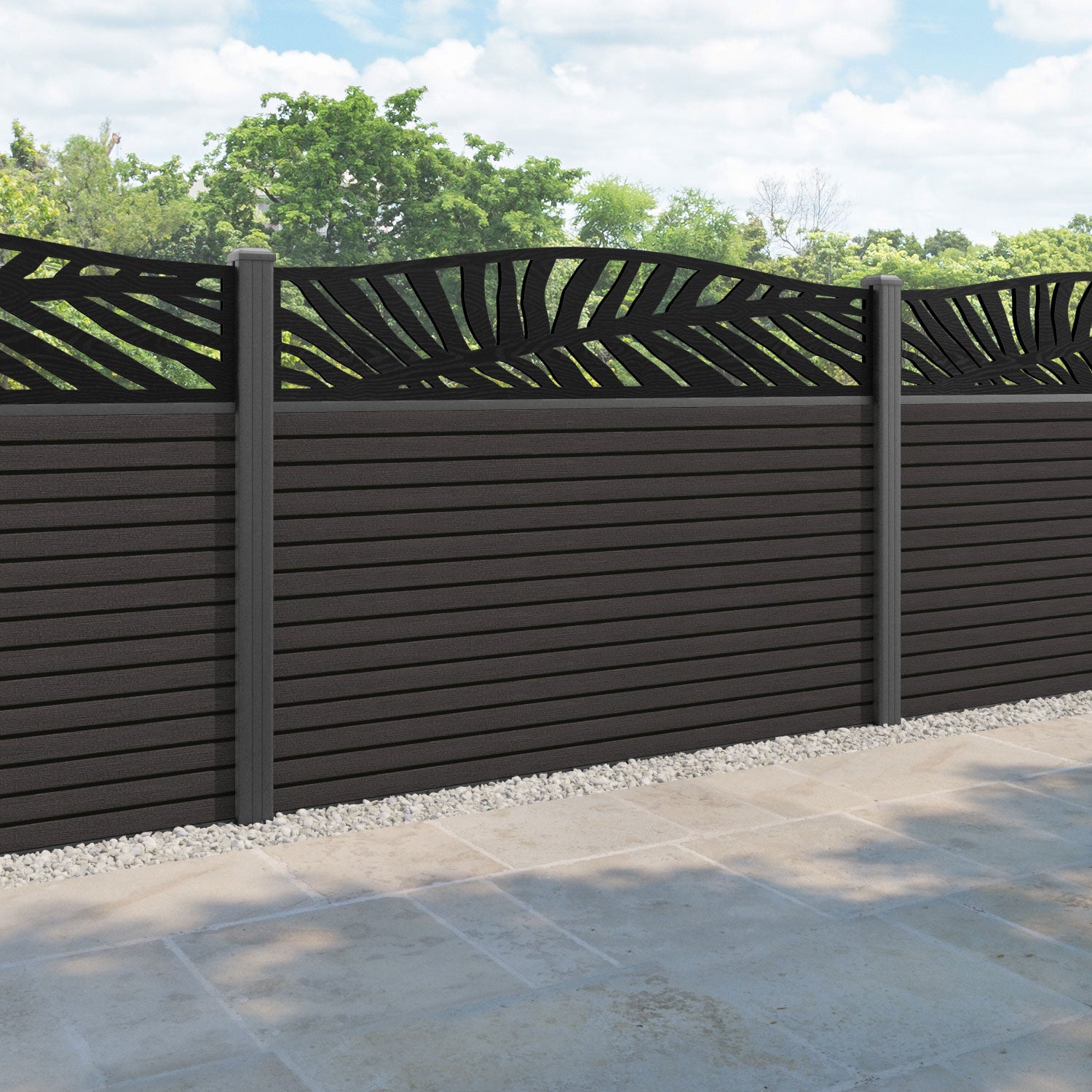 Hudson Palm Curved Top Fence Panel - Dark Oak - with our aluminium posts