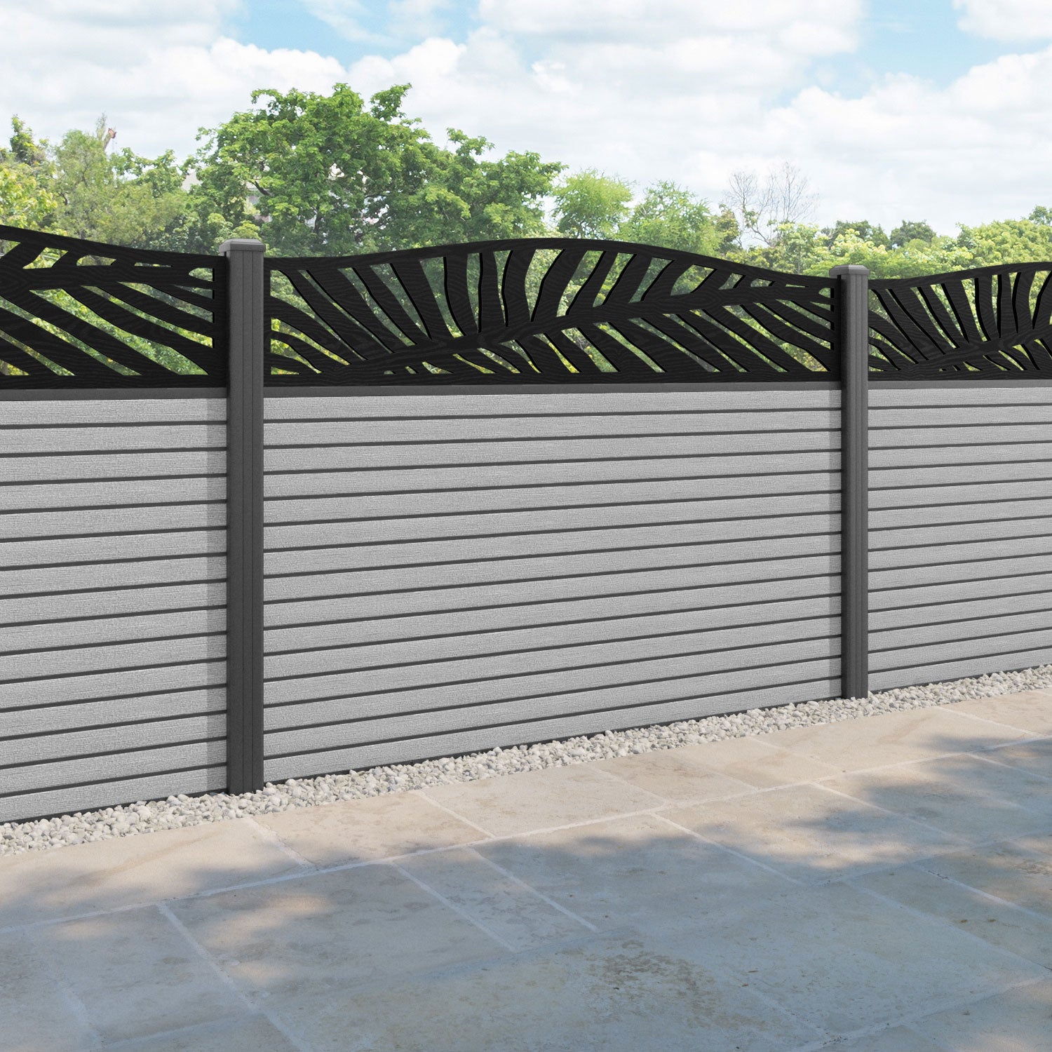 Hudson Palm Curved Top Fence Panel - Light Grey - with our aluminium posts
