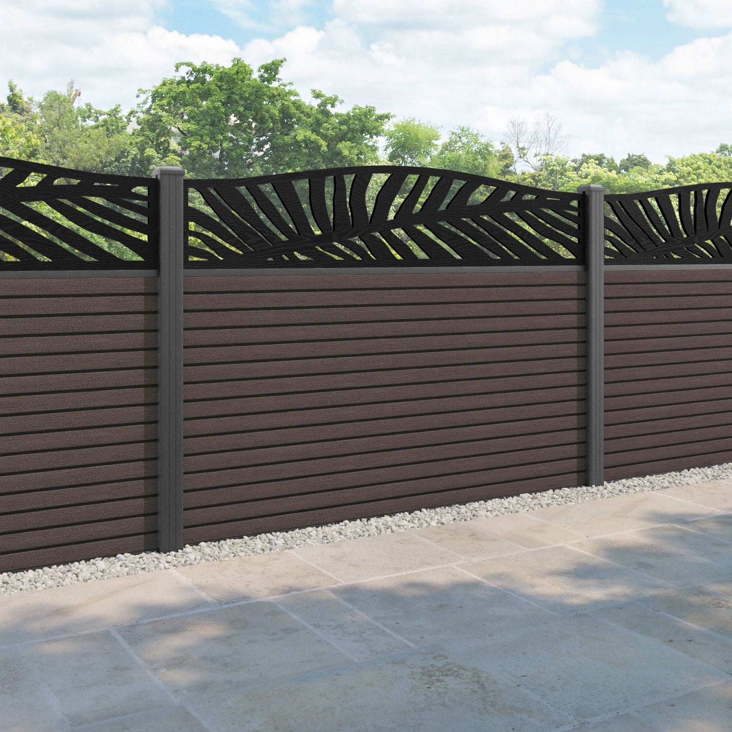 Hudson Palm Curved Top Fence Panel - Mid Brown - with our aluminium posts