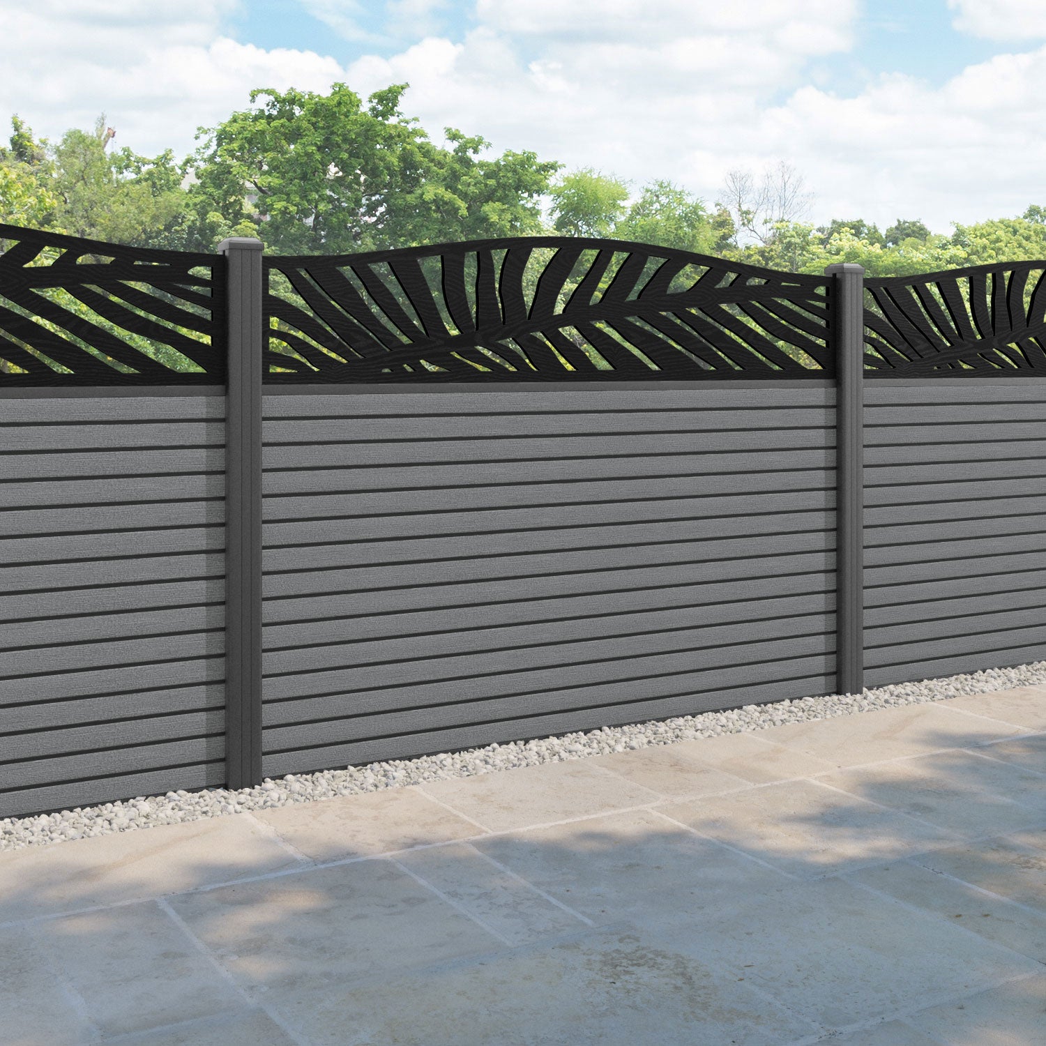 Hudson Palm Curved Top Fence Panel - Mid Grey - with our aluminium posts