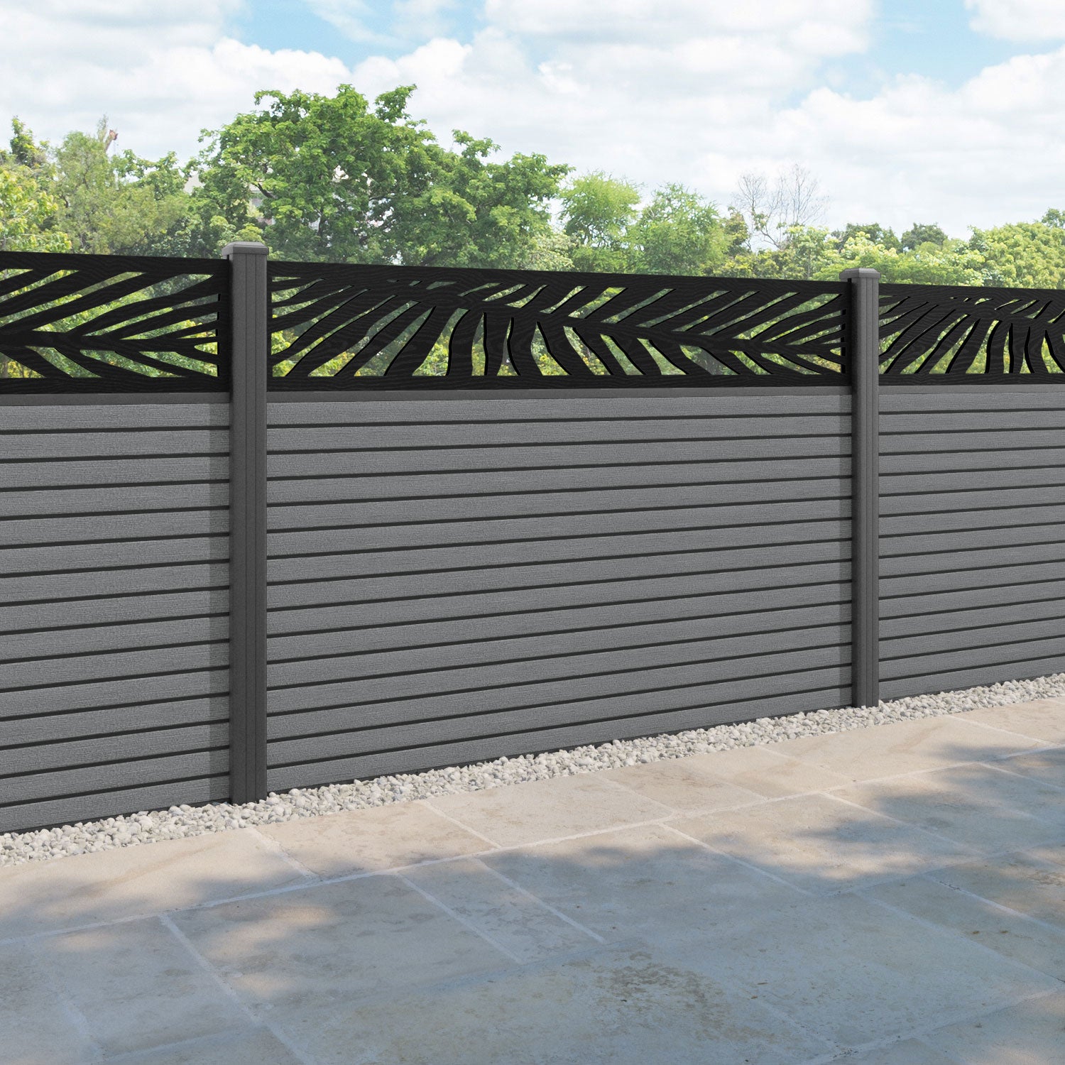 Hudson Palm Fence Panel - Mid Grey - with our aluminium posts