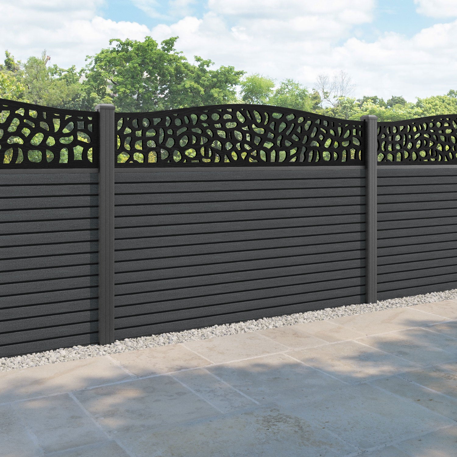 Hudson Pebble Curved Top Fence Panel - Dark Grey - with our aluminium posts