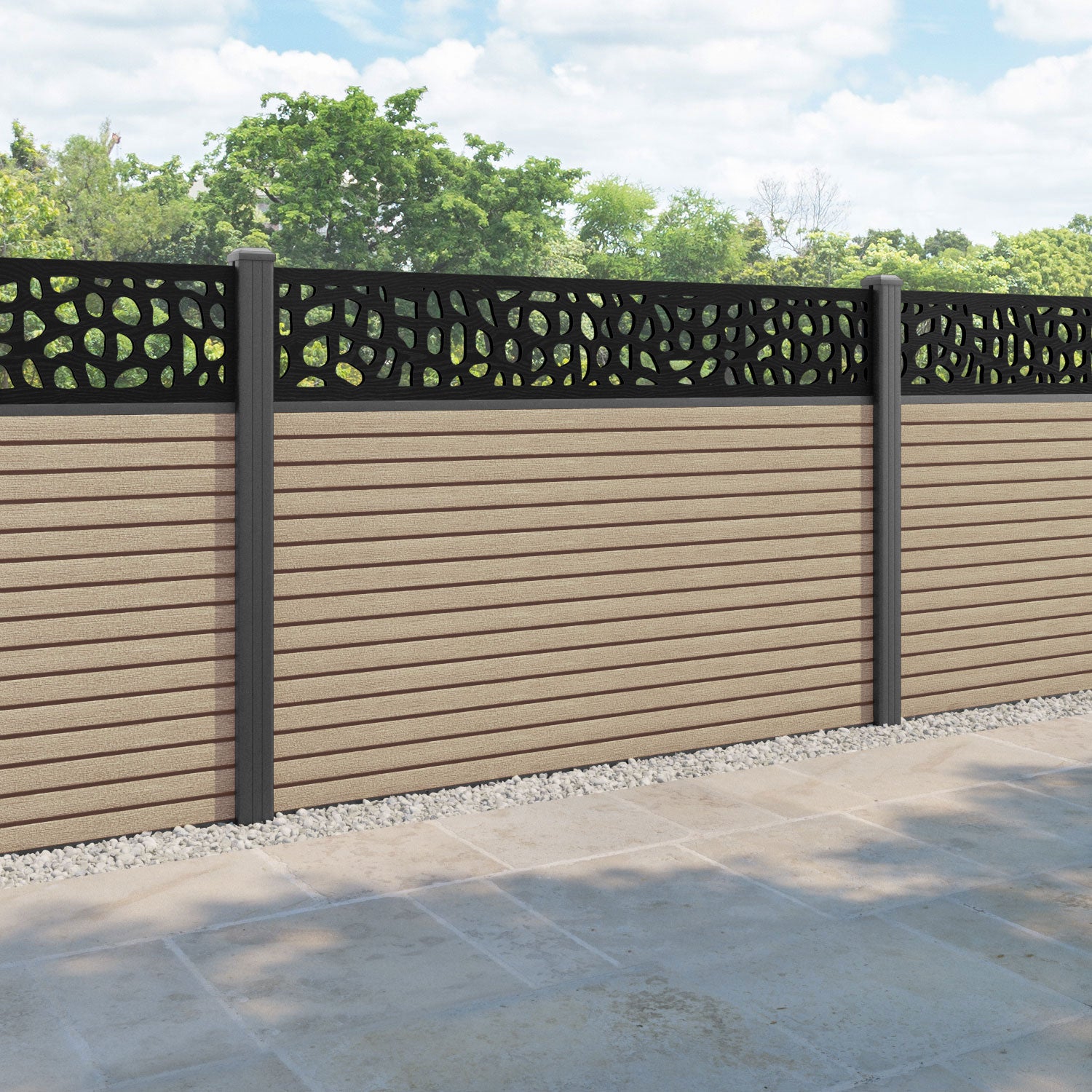 Hudson Pebble Fence Panel - Light Oak - with our aluminium posts
