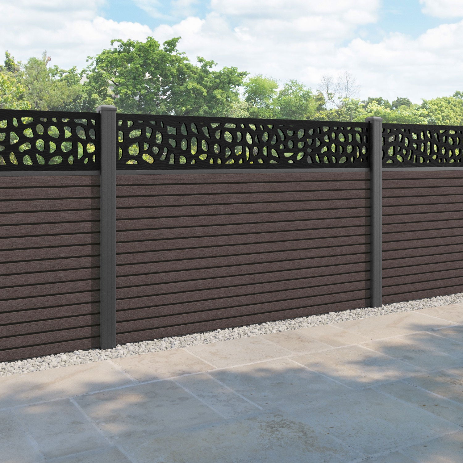 Hudson Pebble Fence Panel - Mid Brown - with our aluminium posts