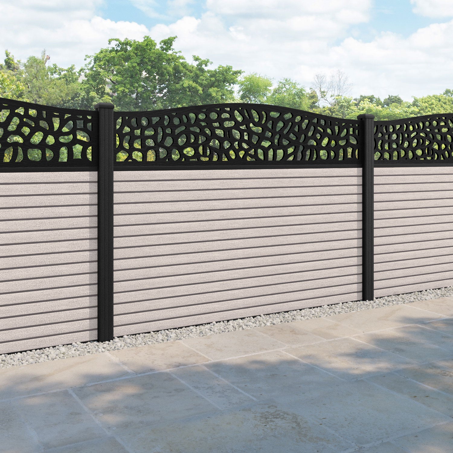 Hudson Pebble Curved Top Fence Panel - Mid Stone - with our composite posts