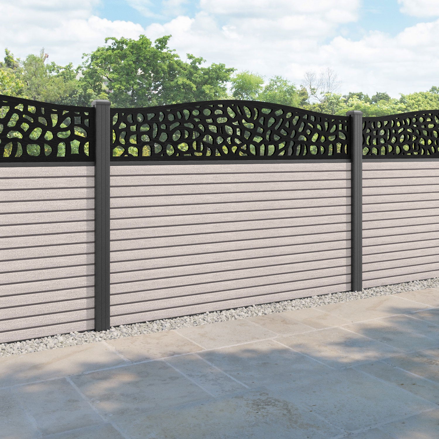 Hudson Pebble Curved Top Fence Panel - Mid Stone - with our aluminium posts