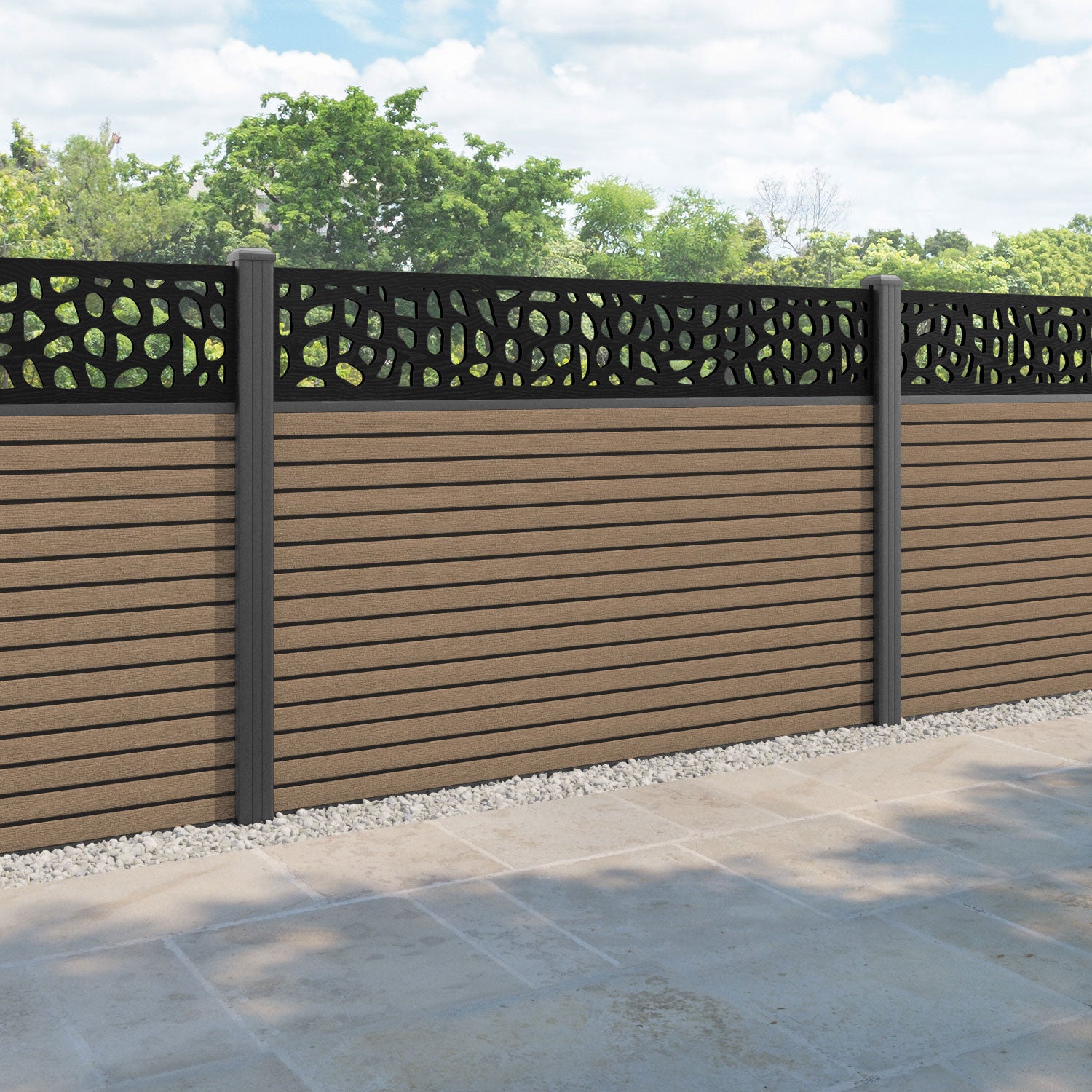 Hudson Pebble Fence Panel - Teak - with our aluminium posts