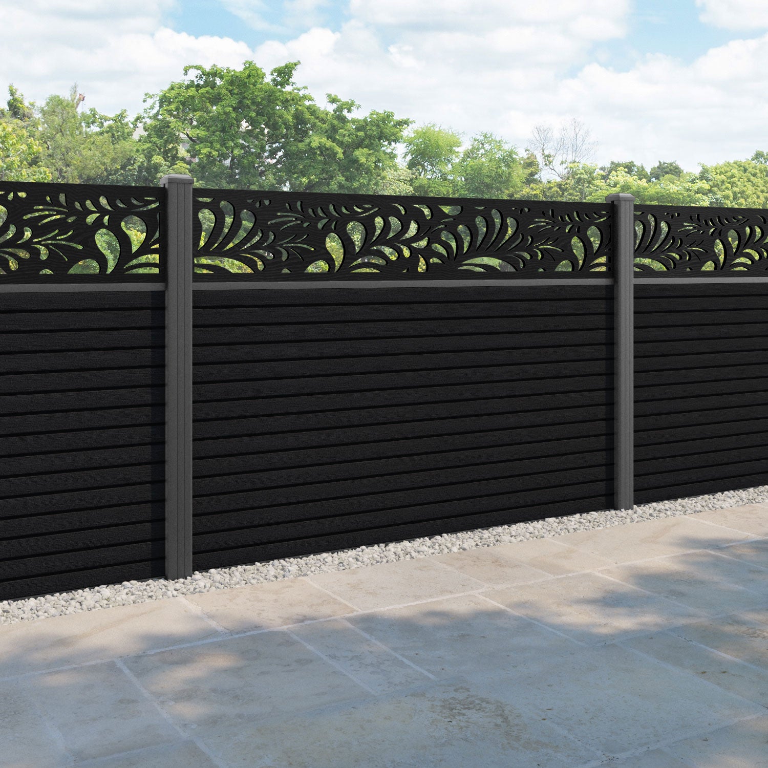 Hudson Petal Fence Panel - Black - with our aluminium posts