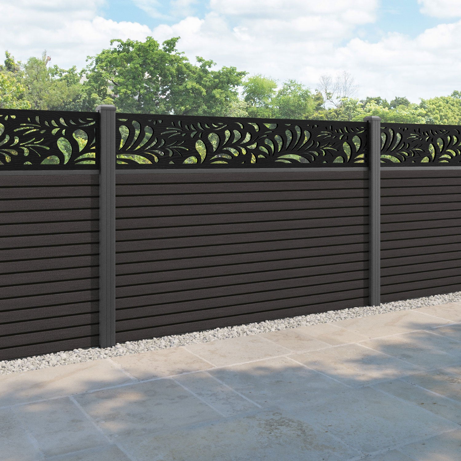 Hudson Petal Fence Panel - Dark Oak - with our aluminium posts