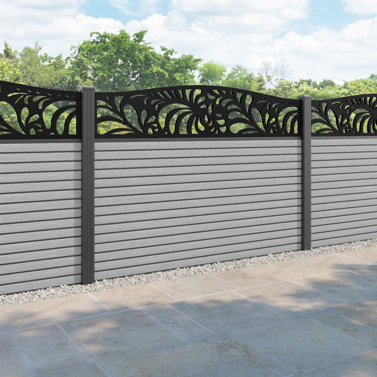 Hudson Petal Curved Top Fence Panel - Light Grey - with our aluminium posts