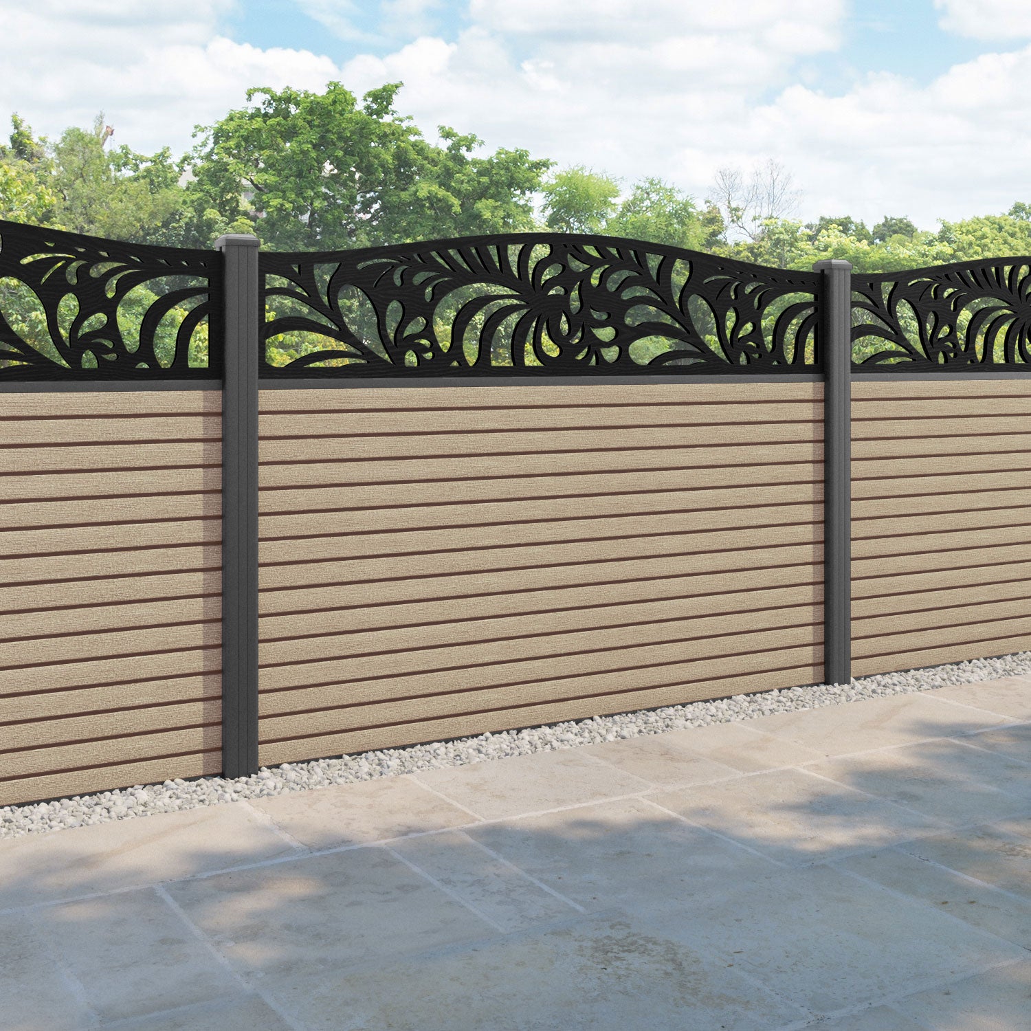 Hudson Petal Curved Top Fence Panel - Light Oak - with our aluminium posts