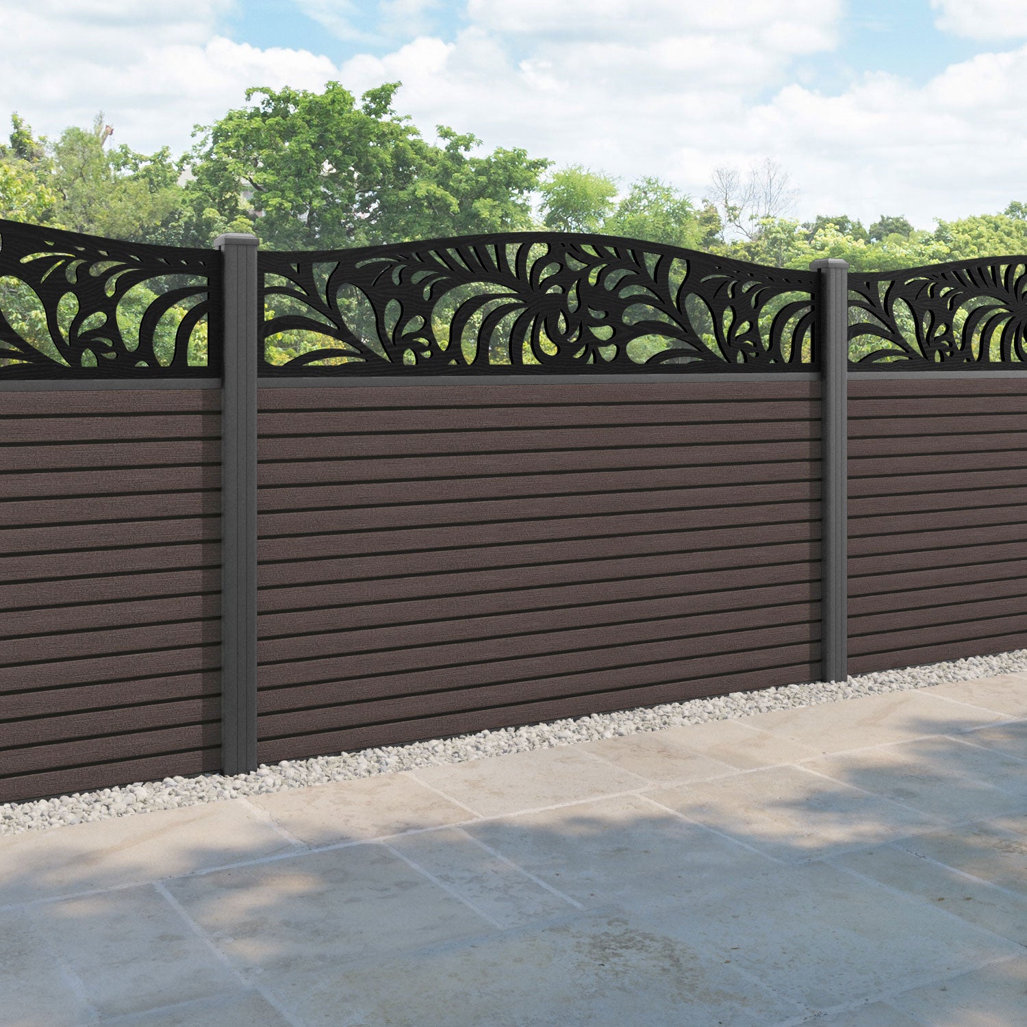 Hudson Petal Curved Top Fence Panel - Mid Brown - with our aluminium posts