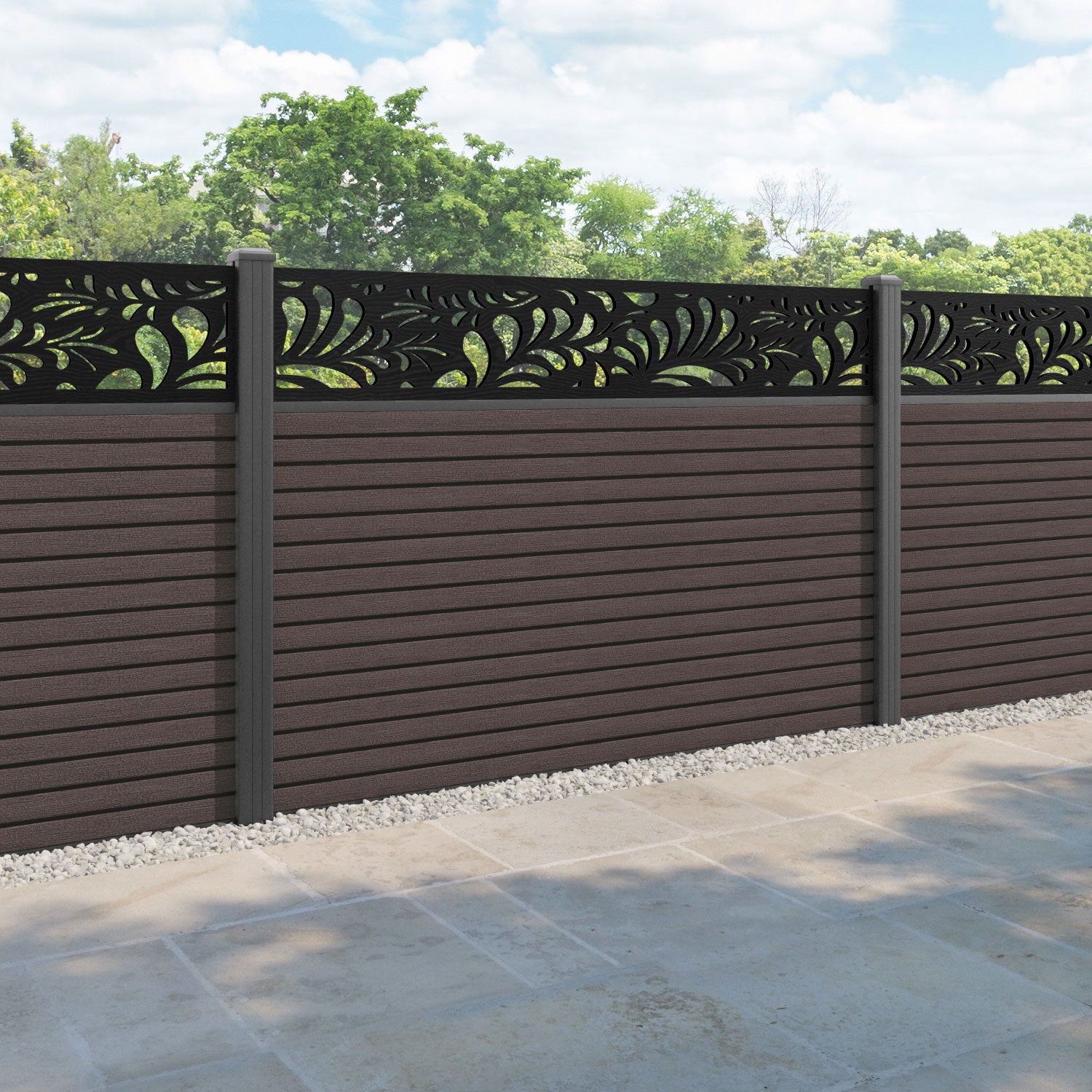 Hudson Petal Fence Panel - Mid Brown - with our aluminium posts