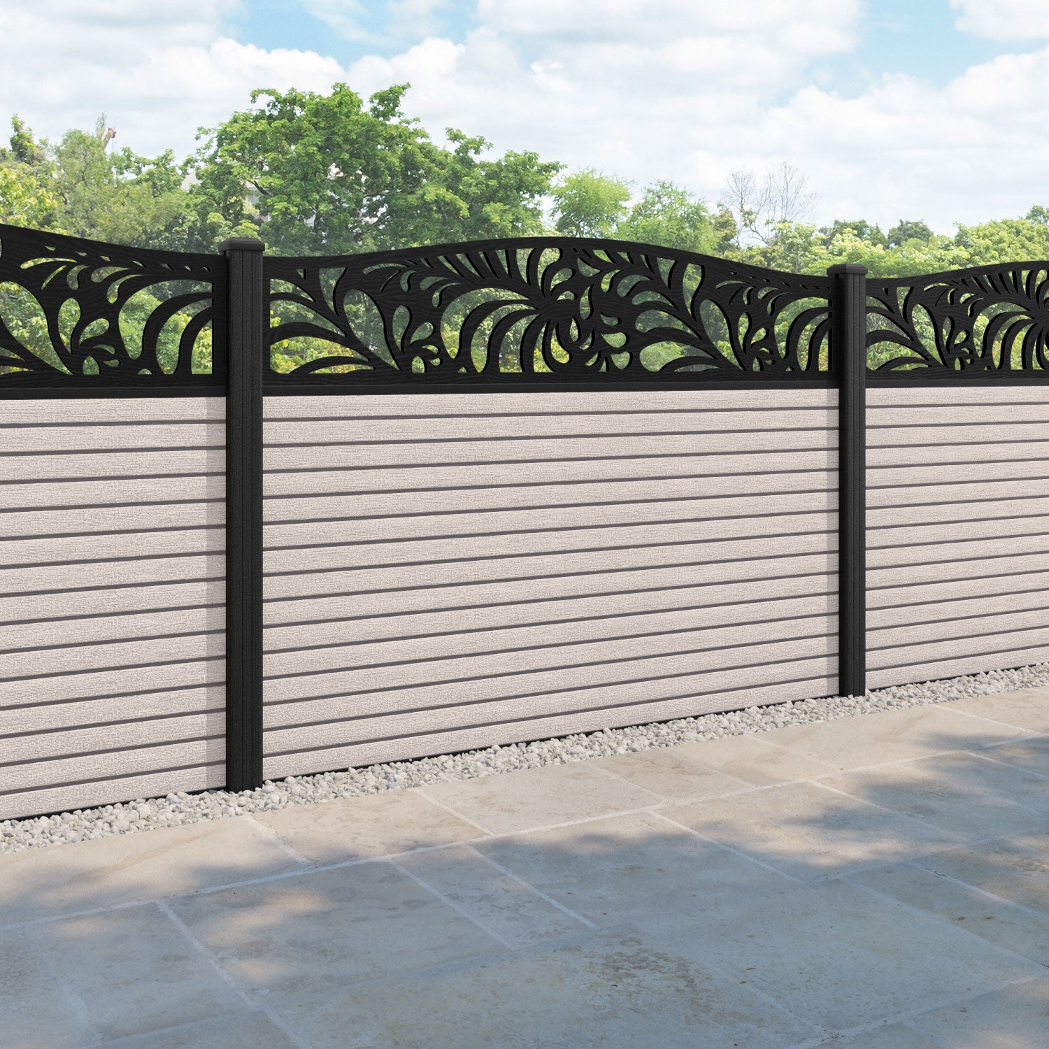Hudson Petal Curved Top Fence Panel - Mid Stone - with our composite posts
