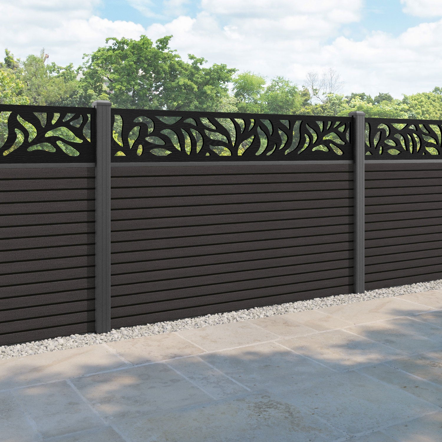 Hudson Plume Fence Panel - Dark Oak - with our aluminium posts