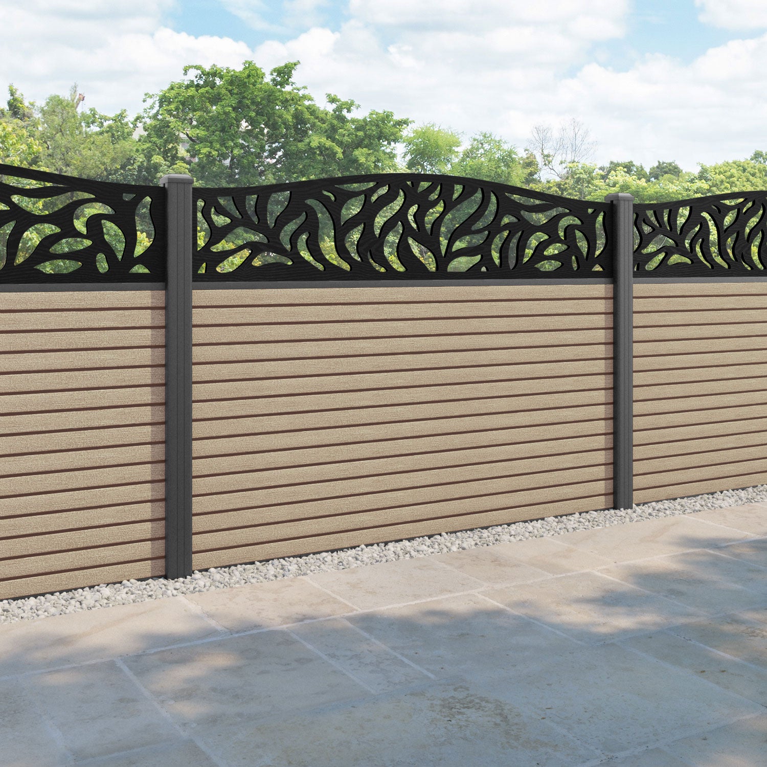 Hudson Plume Curved Top Fence Panel - Light Oak - with our aluminium posts