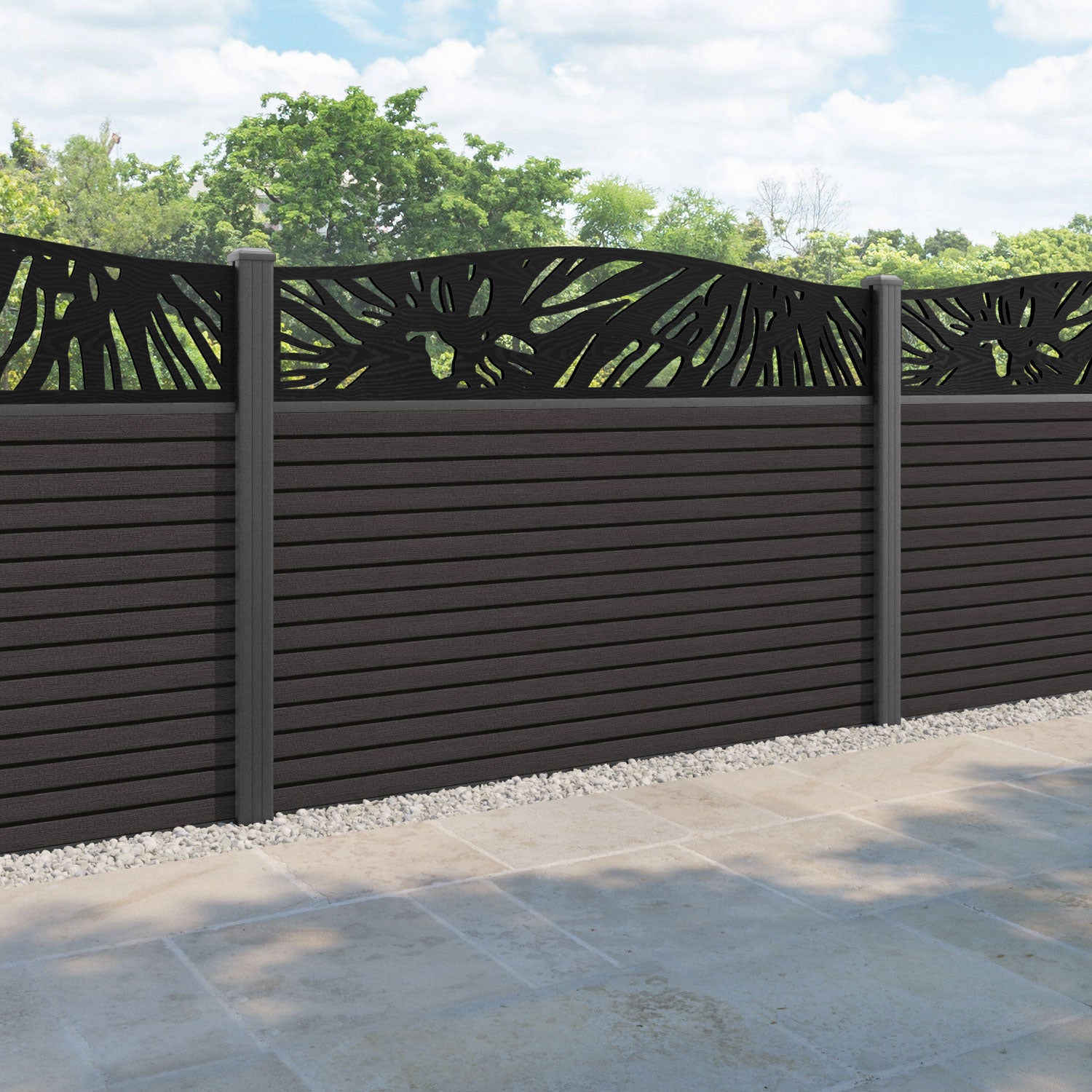 Hudson Poppy Curved Top Fence Panel - Dark Oak - with our aluminium posts