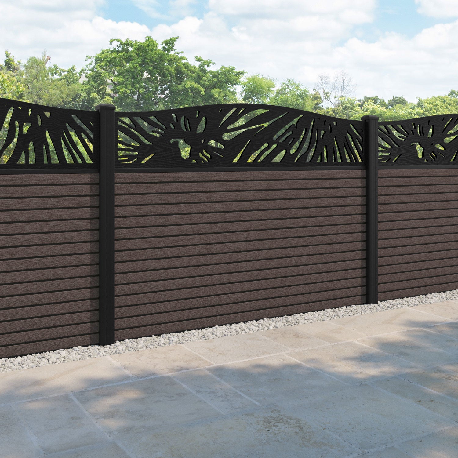 Hudson Poppy Curved Top Fence Panel - Mid Brown - with our aluminium posts