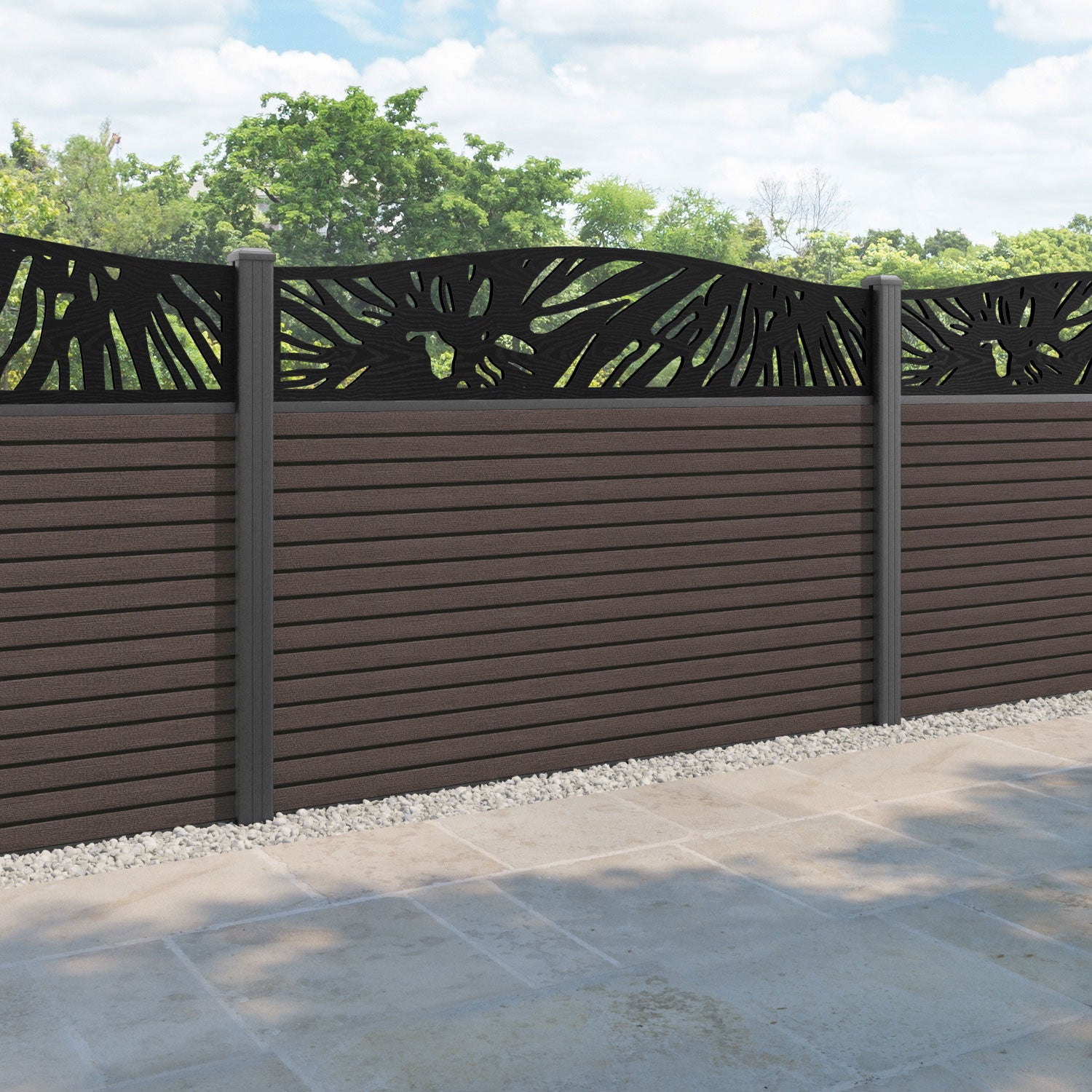 Hudson Poppy Curved Top Fence Panel - Mid Brown - with our aluminium posts