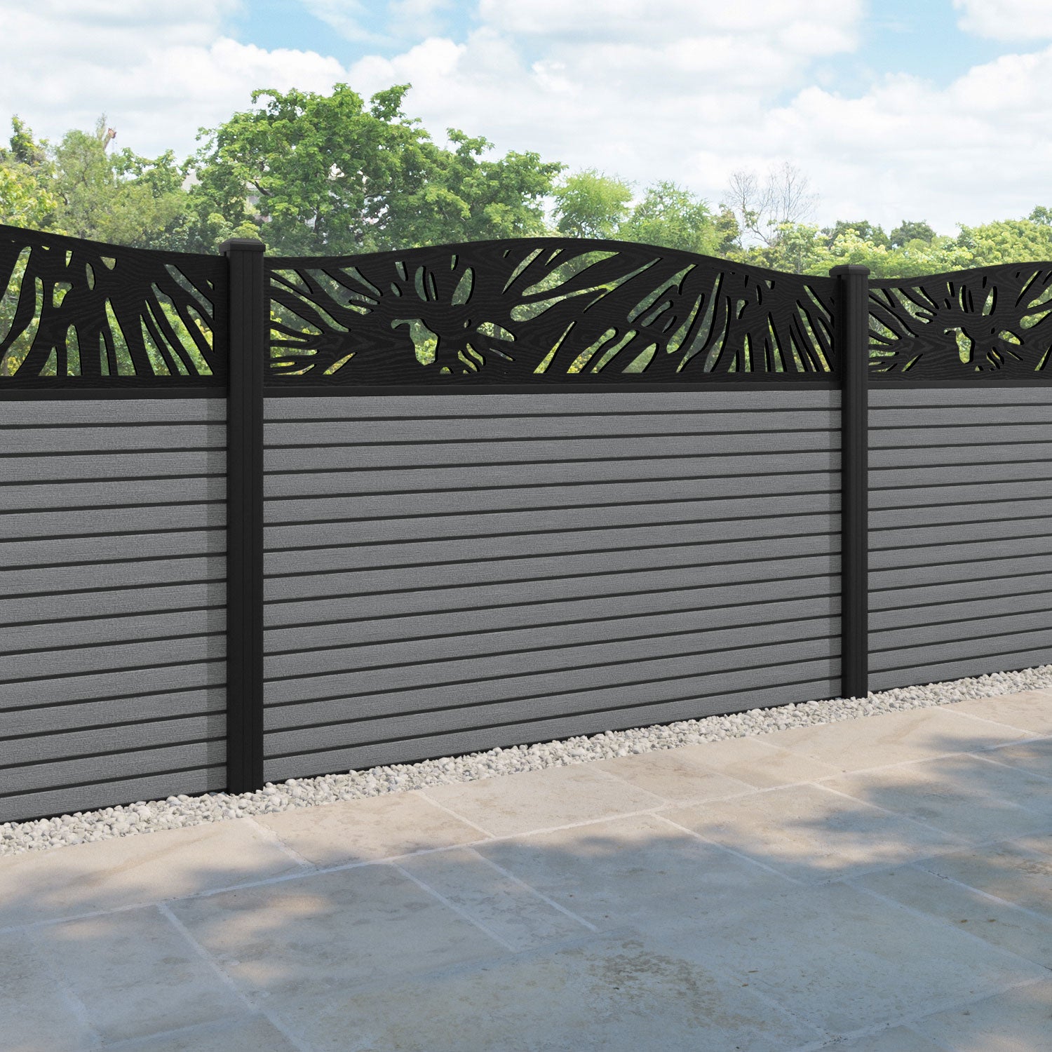 Hudson Poppy Curved Top Fence Panel - Mid Grey - with our aluminium posts