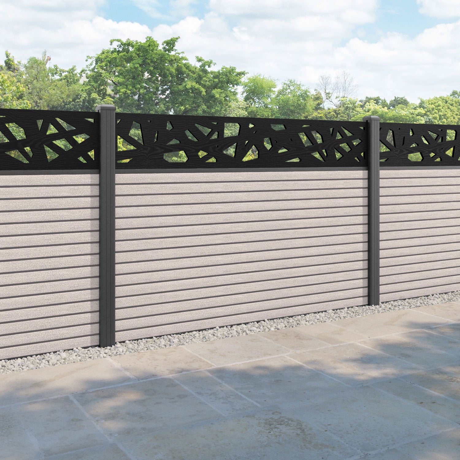Hudson Prism Fence Panel - Mid Stone - with our aluminium posts