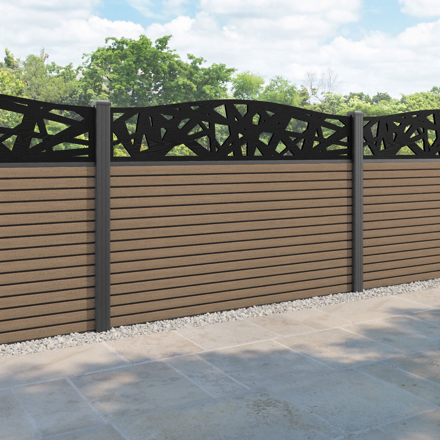Hudson Prism Curved Top Fence Panel - Teak - with our aluminium posts