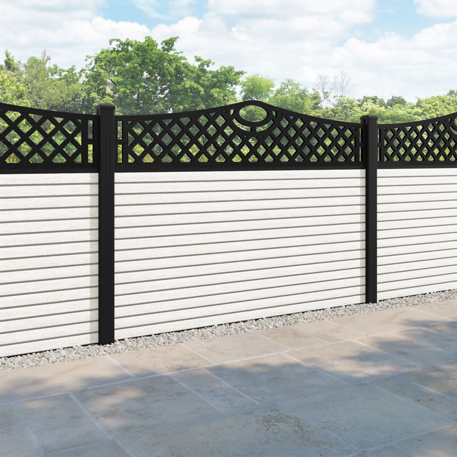Hudson Oxford Curved Top Fence Panel - Light Stone - with our aluminium posts