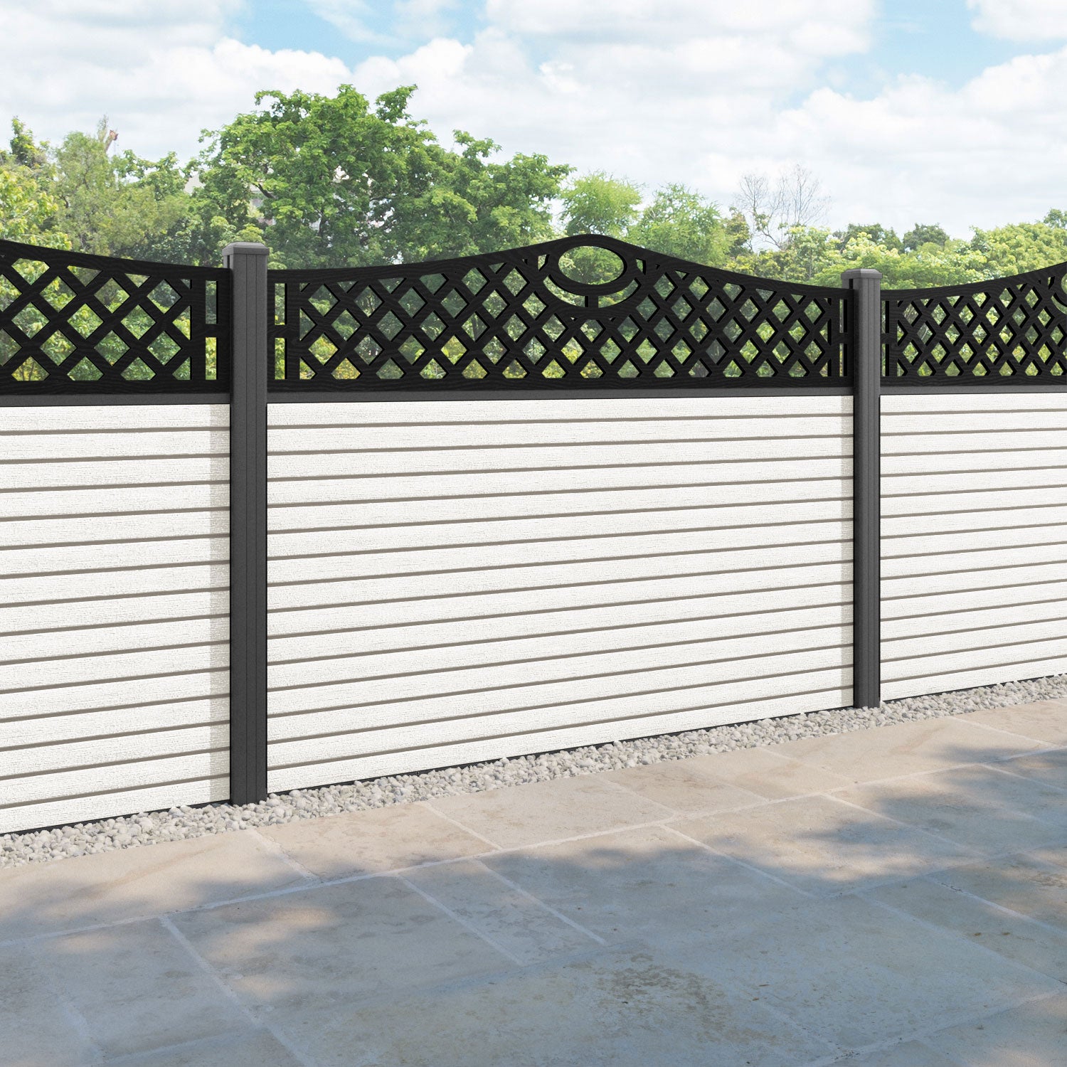 Hudson Oxford Curved Top Fence Panel - Light Stone - with our aluminium posts