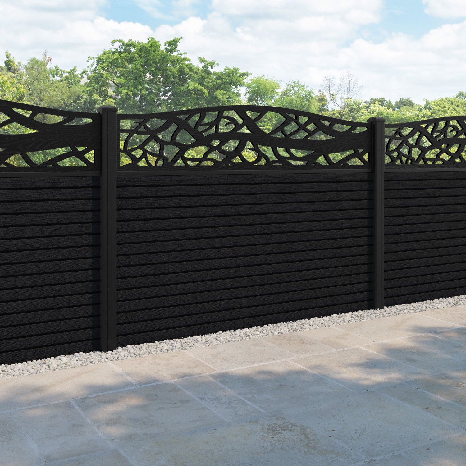 Hudson Twilight Curved Top Fence Panel - Black - with our aluminium posts