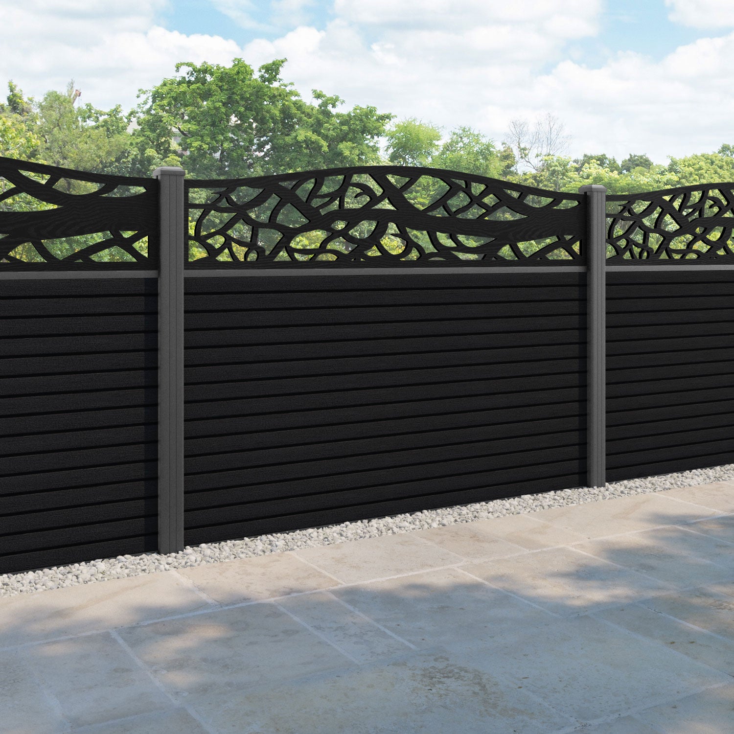 Hudson Twilight Curved Top Fence Panel - Black - with our aluminium posts