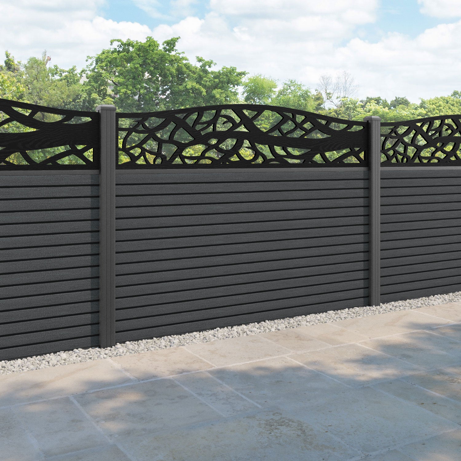Hudson Twilight Curved Top Fence Panel - Dark Grey - with our aluminium posts