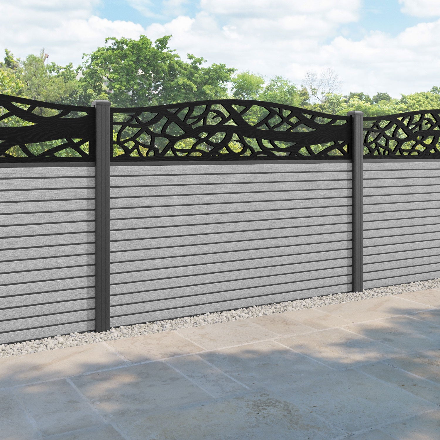 Hudson Twilight Curved Top Fence Panel - Light Grey - with our aluminium posts