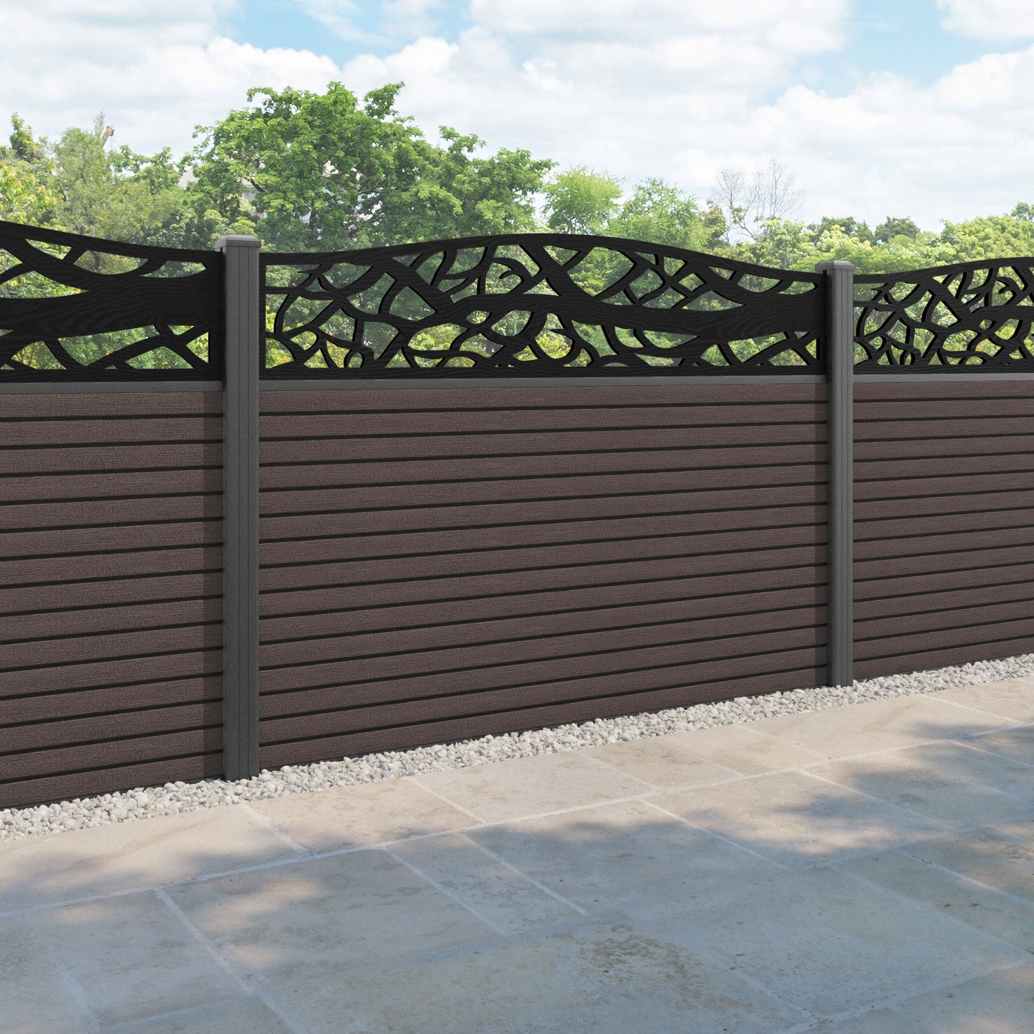 Hudson Twilight Curved Top Fence Panel - Mid Brown - with our aluminium posts