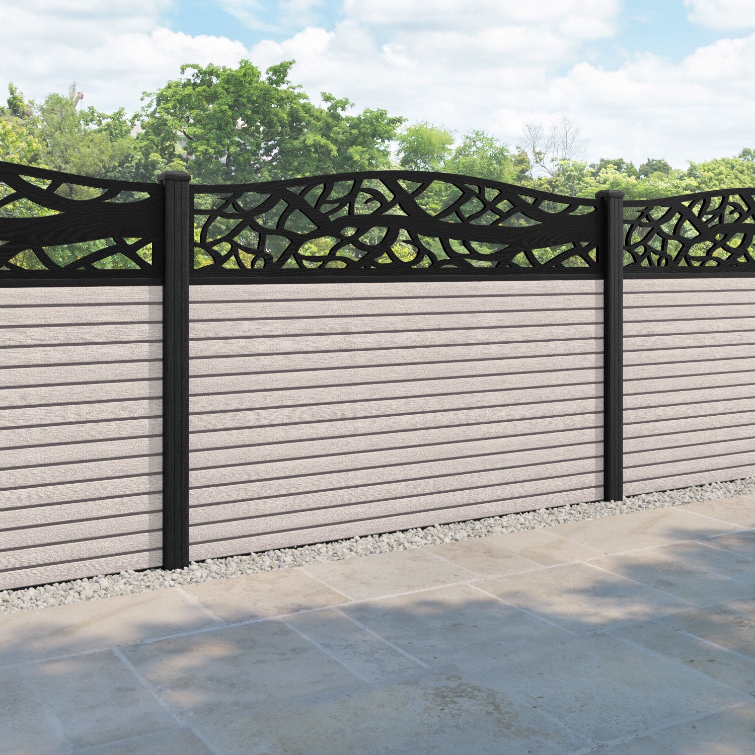 Hudson Twilight Curved Top Fence Panel - Mid Stone - with our composite posts