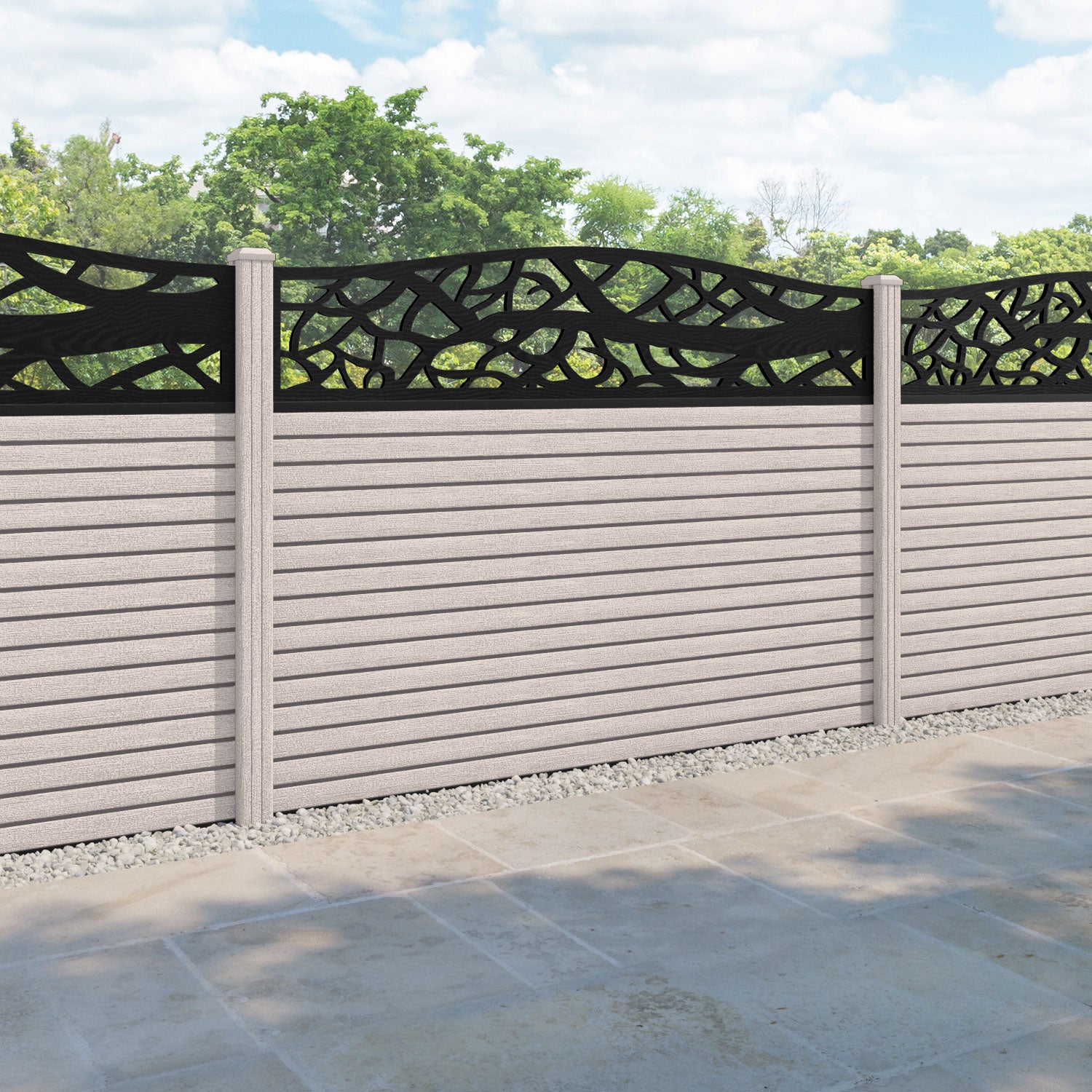 Hudson Twilight Curved Top Fence Panel - Mid Stone - with our composite posts