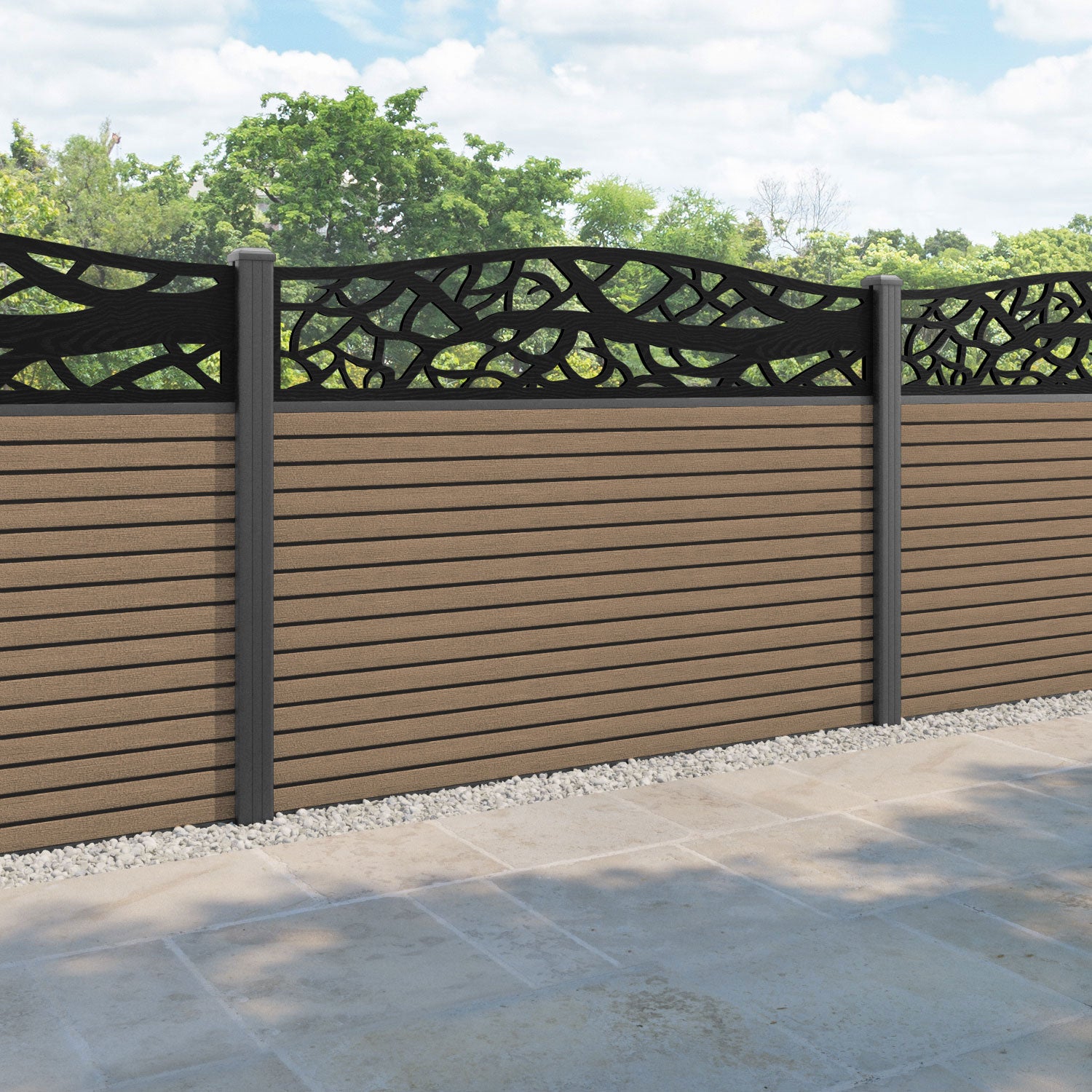 Hudson Twilight Curved Top Fence Panel - Teak - with our aluminium posts