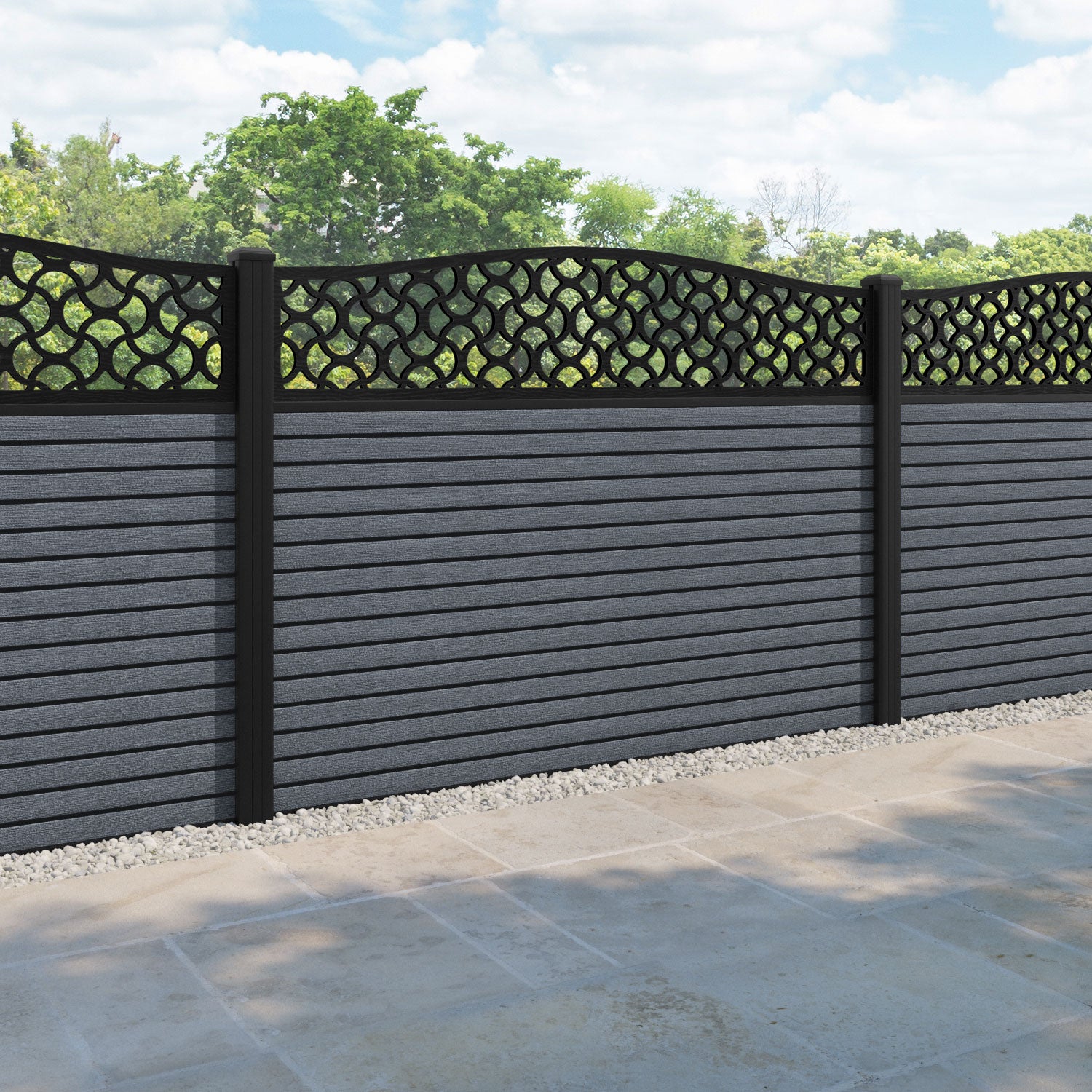 Hudson Vida Curved Top Fence Panel - Anthracite - with our aluminium posts