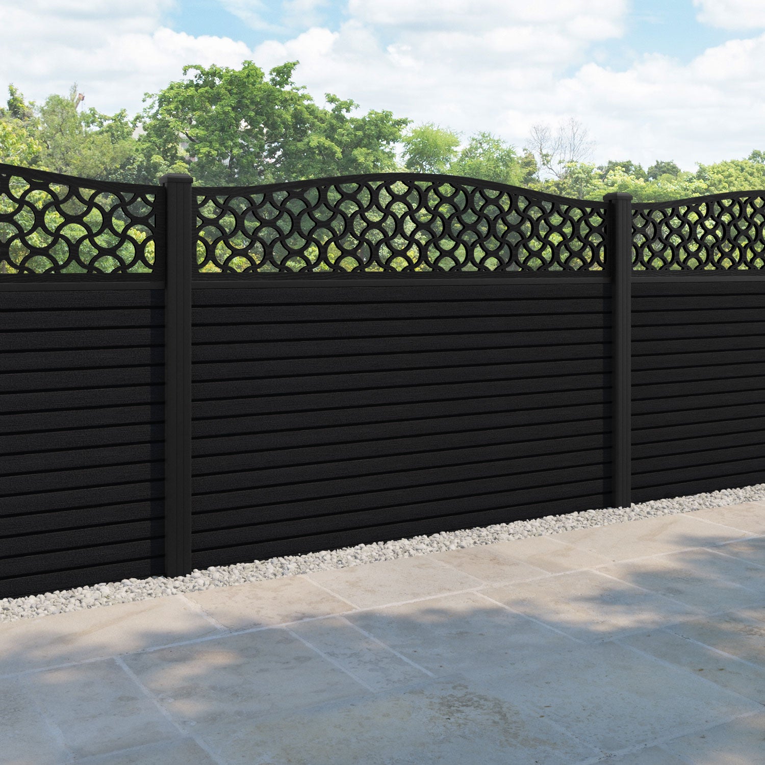 Hudson Vida Curved Top Fence Panel - Black - with our aluminium posts