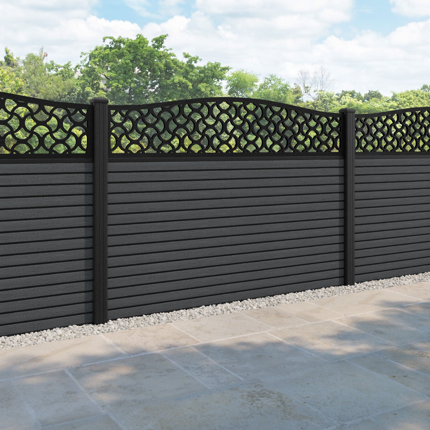 Hudson Vida Curved Top Fence Panel - Dark Grey - with our composite posts