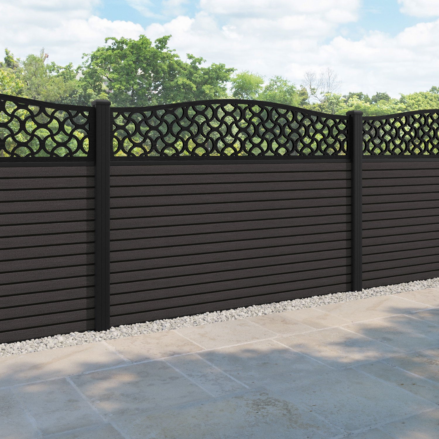 Hudson Vida Curved Top Fence Panel - Dark Oak - with our aluminium posts