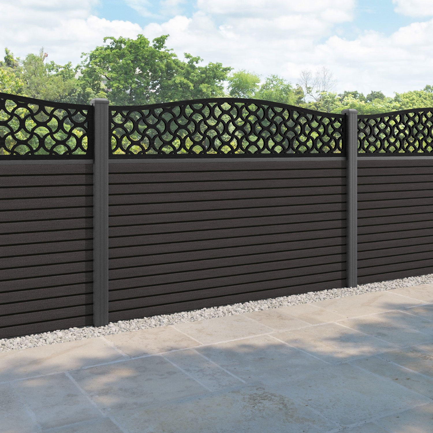 Hudson Vida Curved Top Fence Panel - Dark Oak - with our aluminium posts