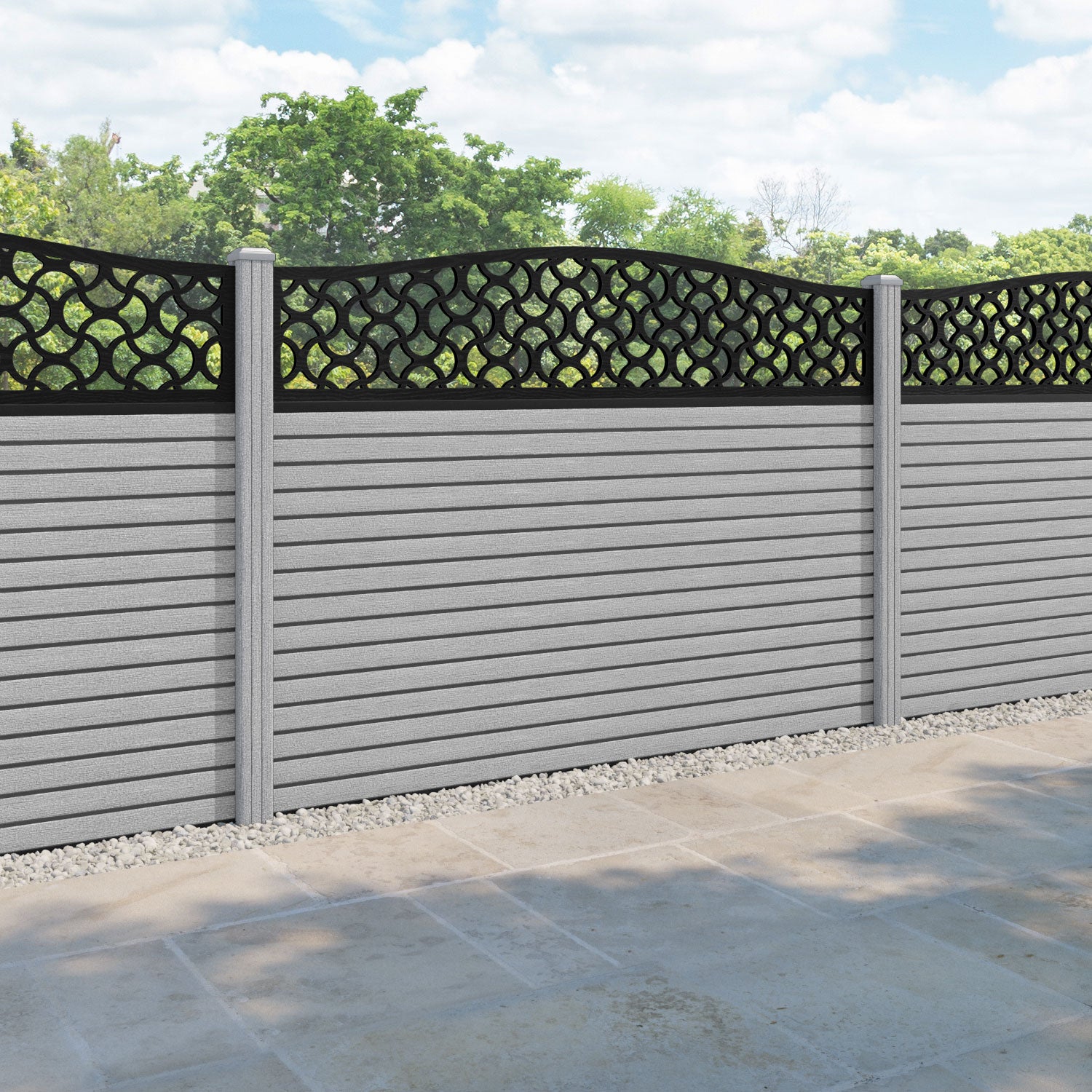 Hudson Vida Curved Top Fence Panel - Light Grey - with our composite posts