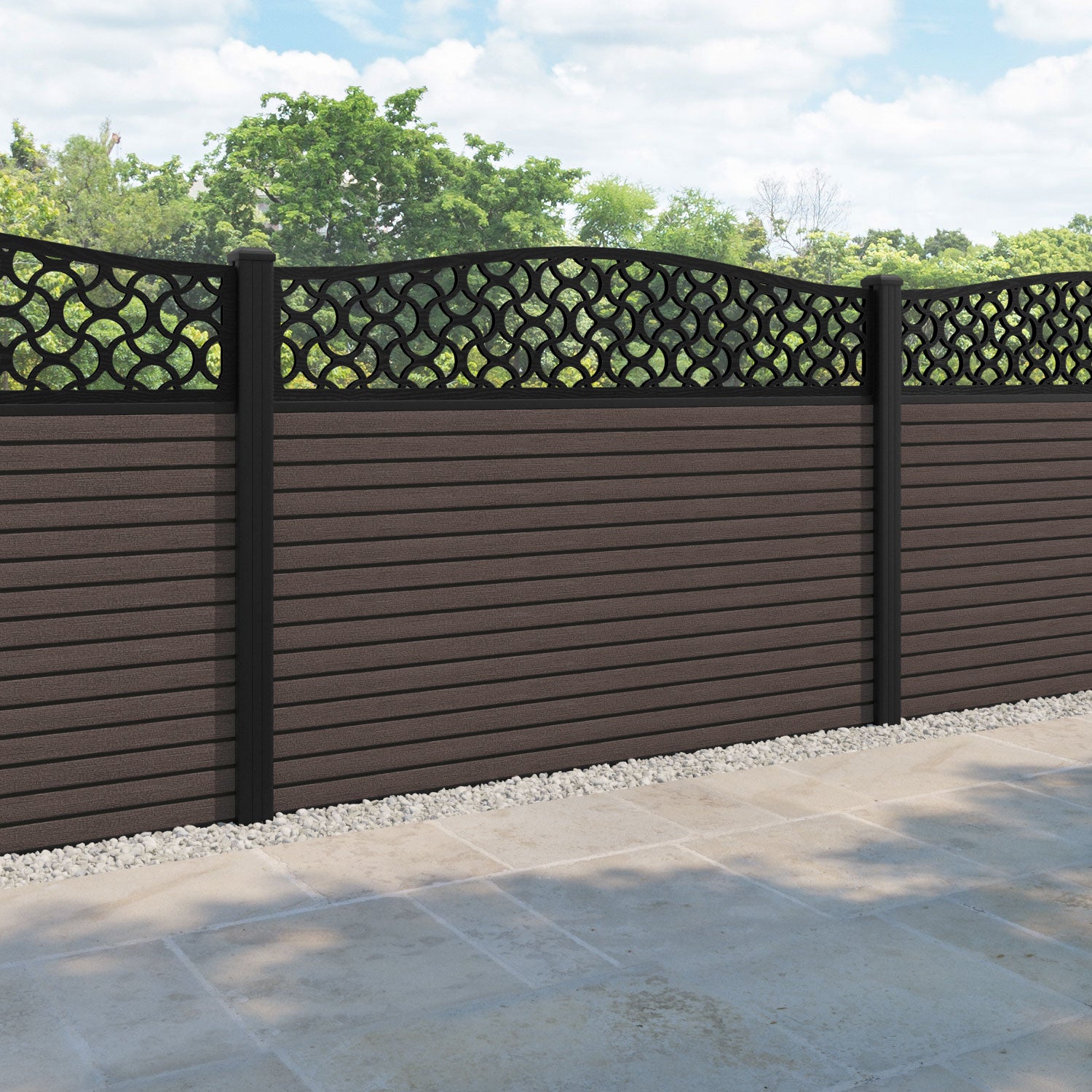 Hudson Vida Curved Top Fence Panel - Mid Brown - with our aluminium posts