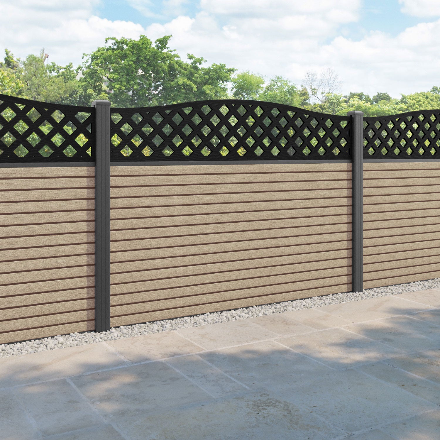 Hudson High Wave Fence Panel - Light Oak - with our aluminium posts