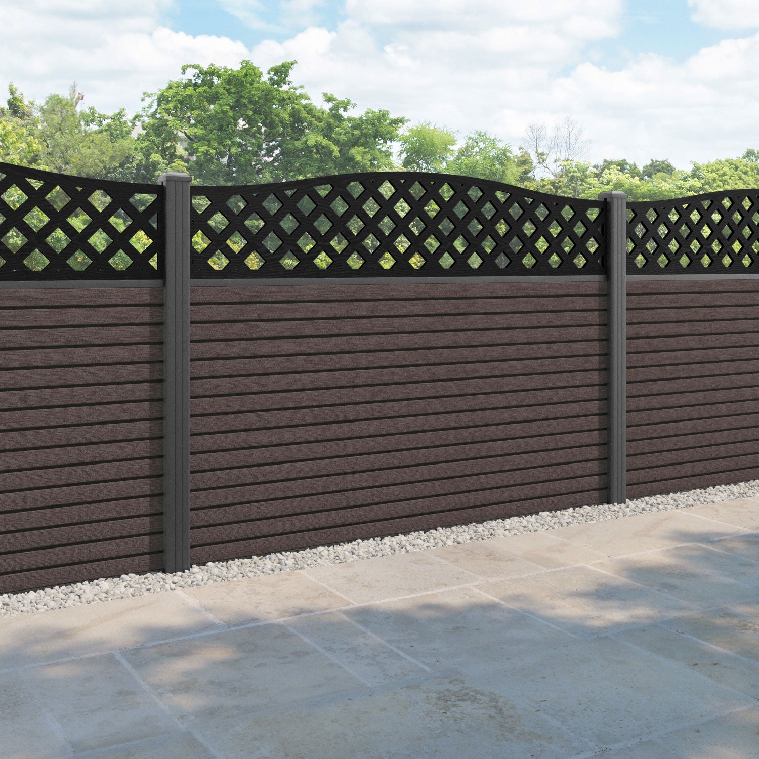 Hudson High Wave Fence Panel - Mid Brown - with our aluminium posts