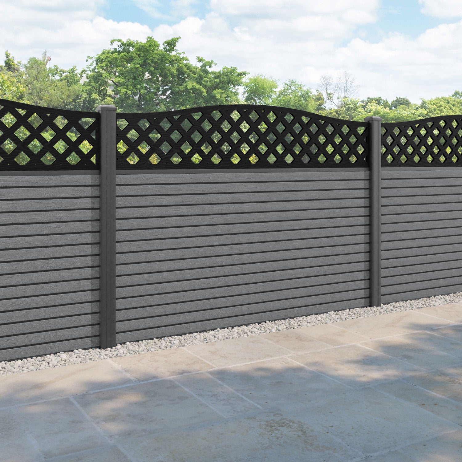 Hudson High Wave Fence Panel - Mid Grey - with our aluminium posts
